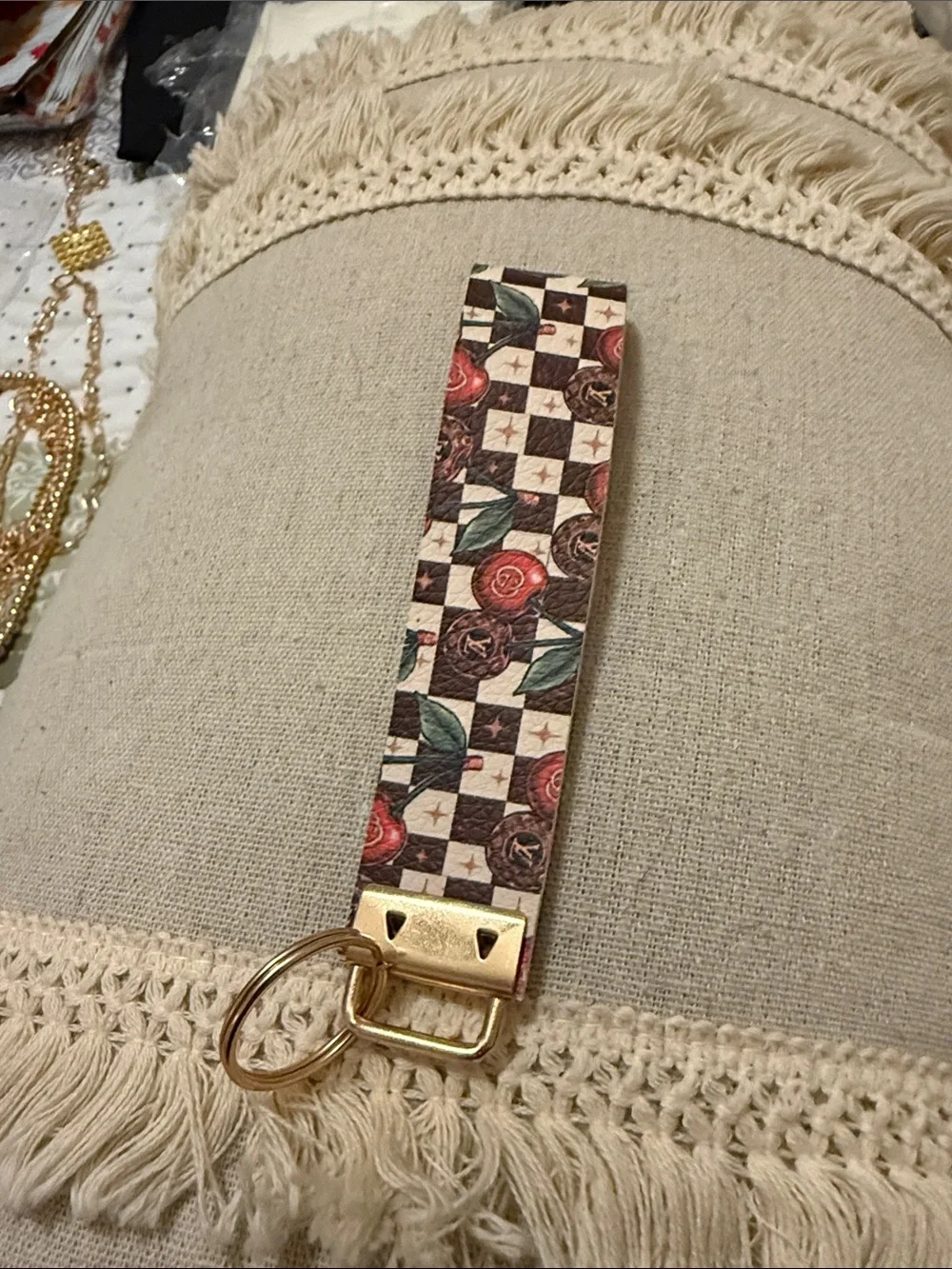Floral Check Wrist Keyring with Gold Hardware